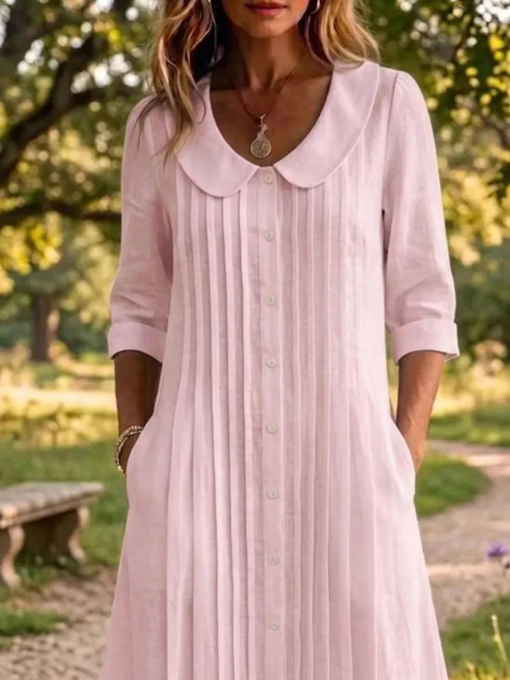 Peter Pan Collar Button Down Dress Plus Size, fit detail