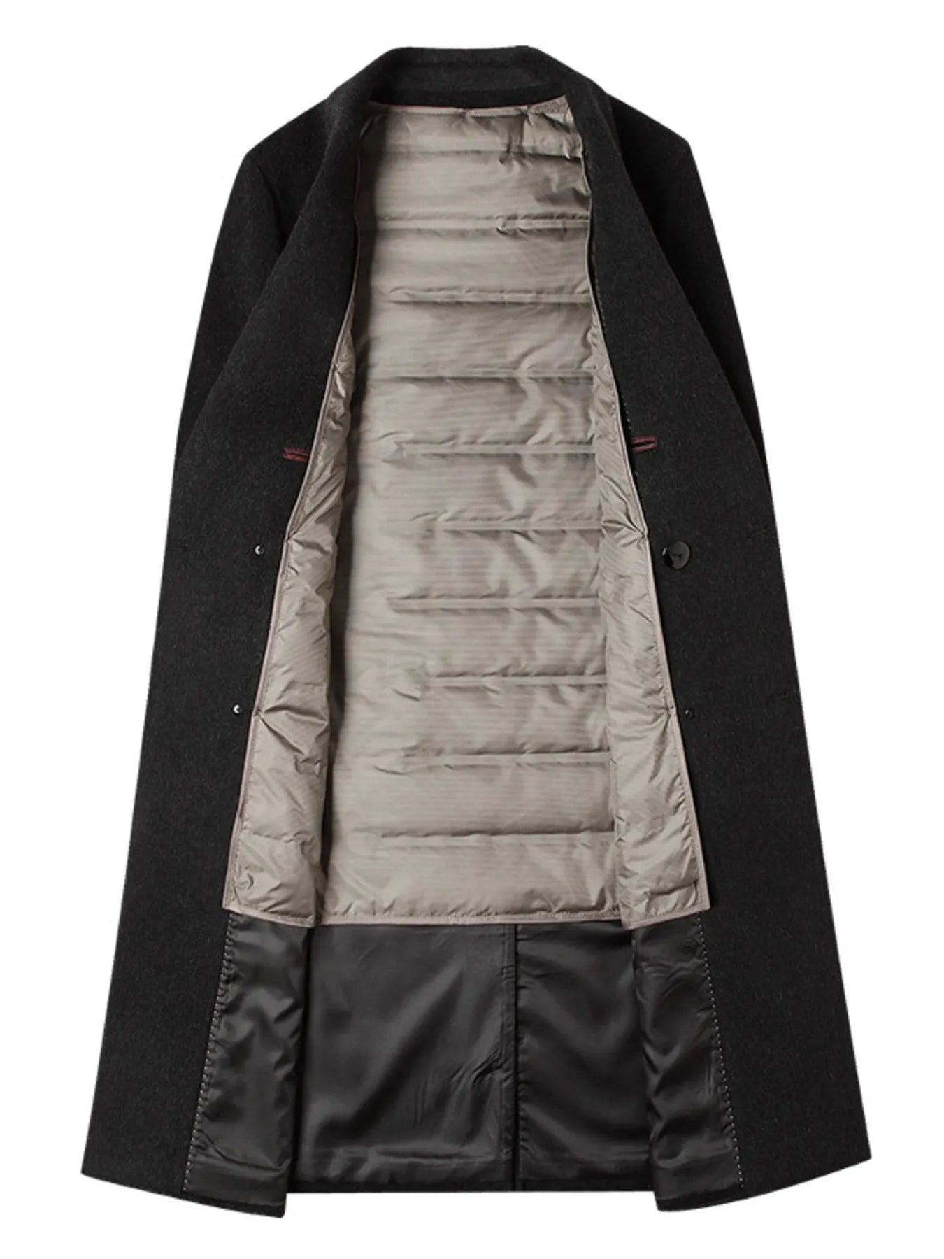 Dark gray wool blend double-breasted overcoat with quilted lining and black satin lining.