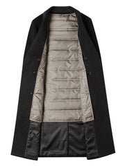 Dark gray wool blend double-breasted overcoat with quilted lining and black satin lining.