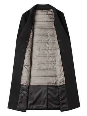 Dark gray wool blend double-breasted overcoat with quilted lining and black satin lining.