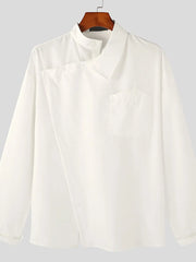 White asymmetric button-up shirt with architectural collar and chest pocket.