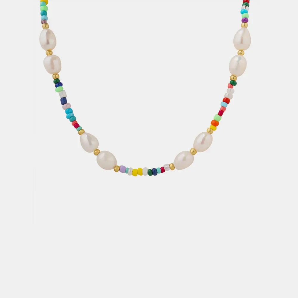 Gold choker necklace with baroque pearls and colorful seed beads