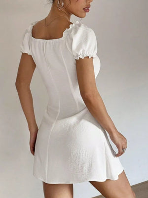 Ruched Button-front Puff Sleeve Mini Dress in White, model styling view