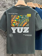 Men's grey cotton crew t-shirt with abstract graphic print and text.