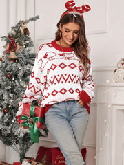 White crewneck sweater with red festive jacquard knit pattern and red trim