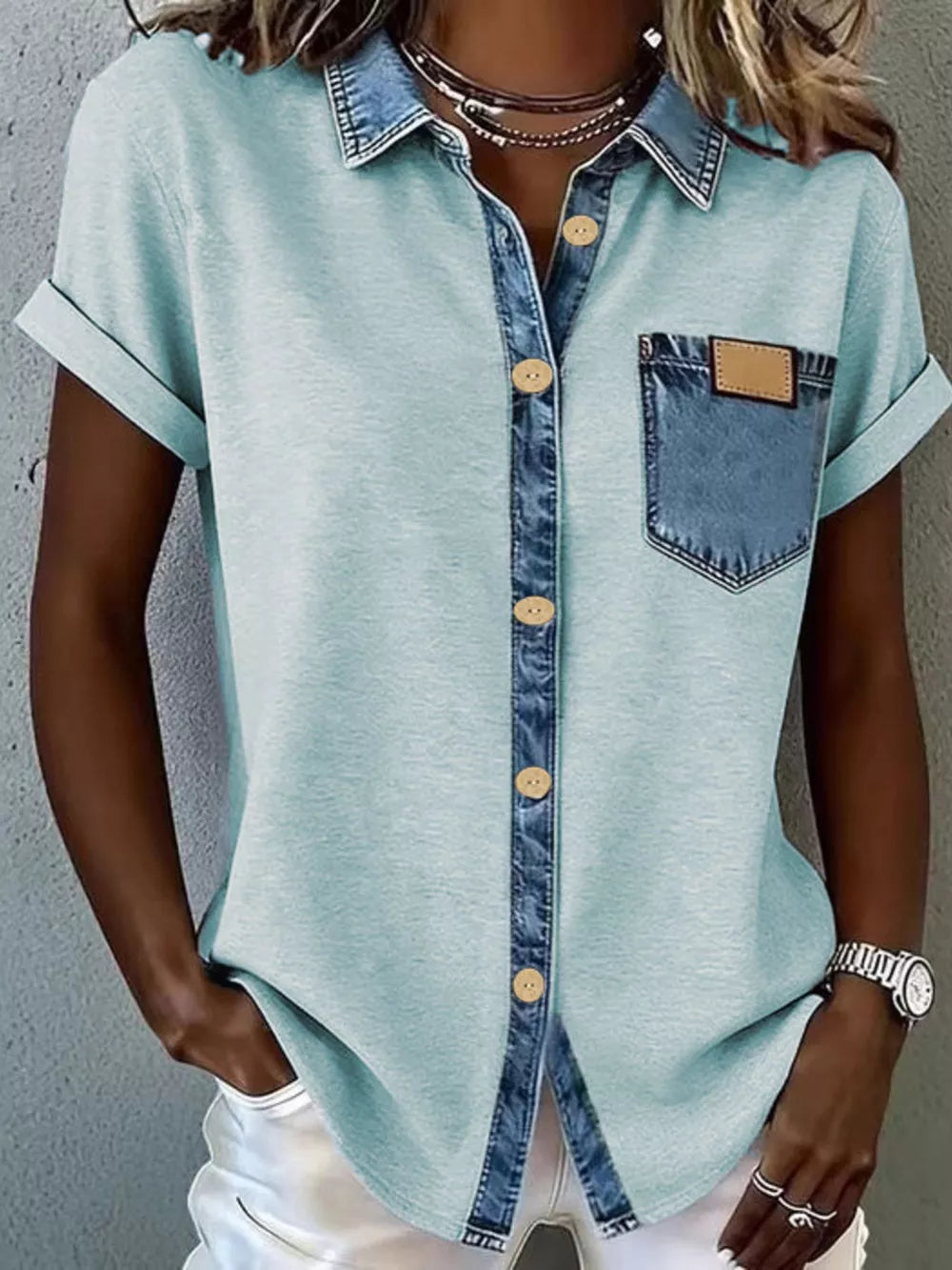 Heathered short sleeve shirt in Lake Blue with denim accents, button front, and chest pocket.