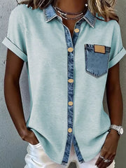 Heathered short sleeve shirt in Lake Blue with denim accents, button front, and chest pocket.