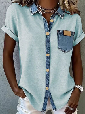 Heathered short sleeve shirt in Lake Blue with denim accents, button front, and chest pocket.