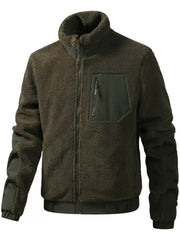Cozy sherpa fleece zip-up jacket in army green with zip chest pocket and contrast sleeves.