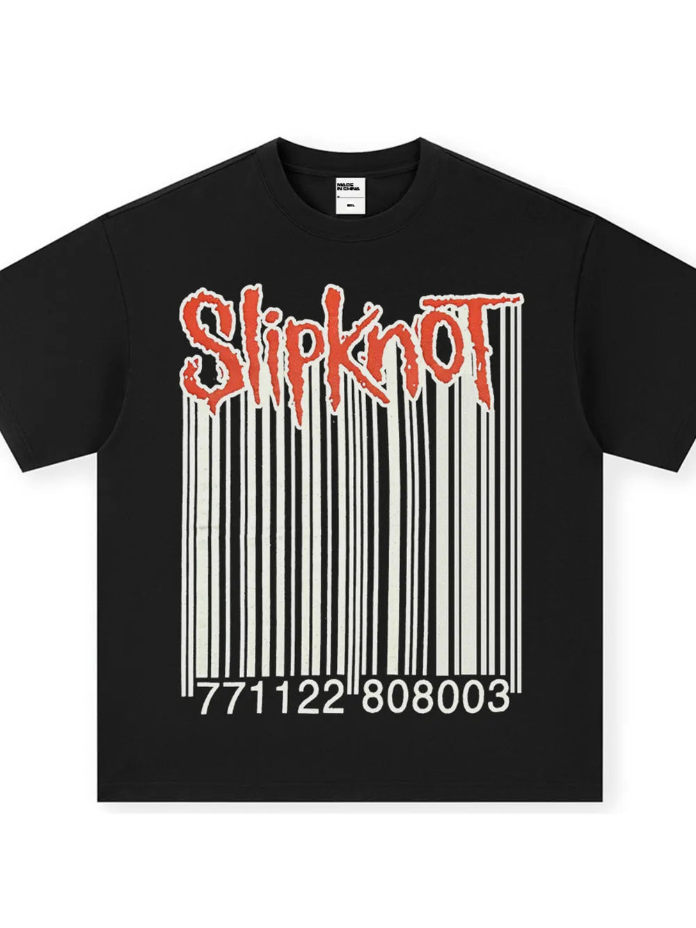 Black cotton crew neck t-shirt with red Slipknot barcode graphic and numbers.