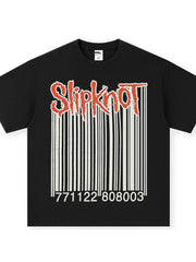 Black cotton crew neck t-shirt with red Slipknot barcode graphic and numbers.