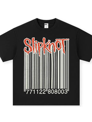 Black cotton crew neck t-shirt with red Slipknot barcode graphic and numbers.