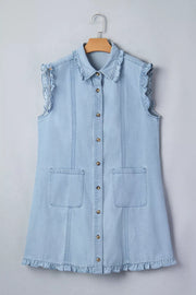 Light blue denim shift dress with ruffled collar, sleeves, and hem, button-down front, and pockets.