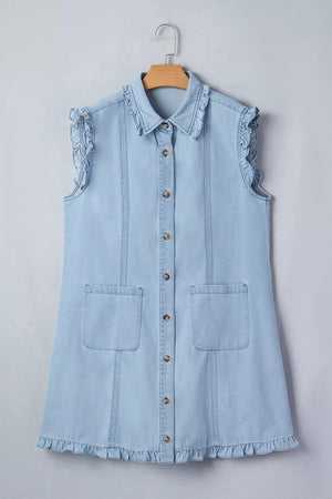 Light blue denim shift dress with ruffled collar, sleeves, and hem, button-down front, and pockets.