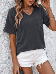 Textured ribbed V-neck t-shirt in charcoal with a chest pocket and short sleeves.