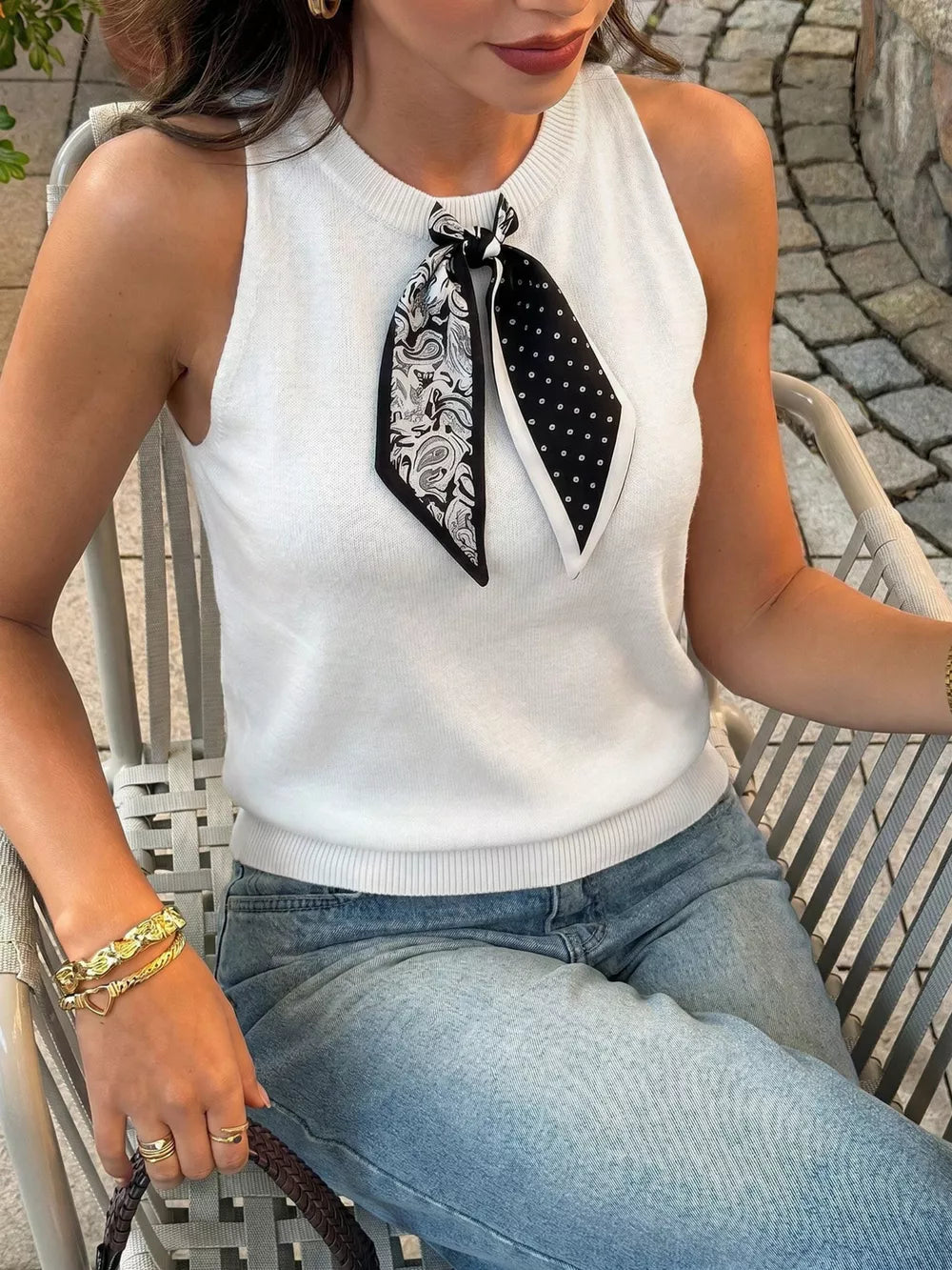 Scarf Detail Round Neck Tank in White, back view