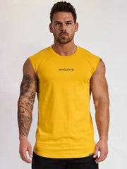 Yellow athletic tank top with black logo detail on chest