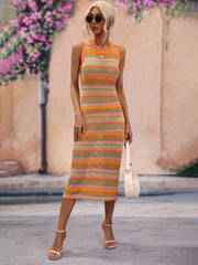Striped knit sleeveless midi dress in orange, pink, and green with a round neckline.