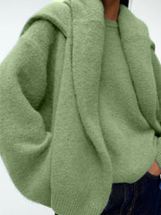 Oversized brushed knit crewneck sweater in Gum Leaf green with a draped collar detail.