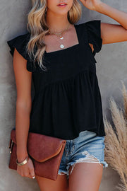 Black linen babydoll top with square neck and flutter sleeves