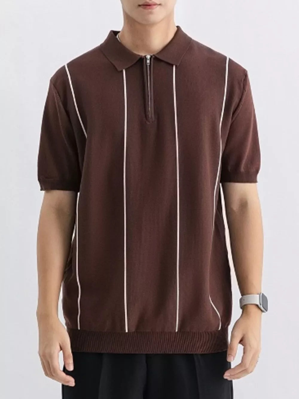 Men's brown knit zip polo with white vertical stripes and ribbed trim