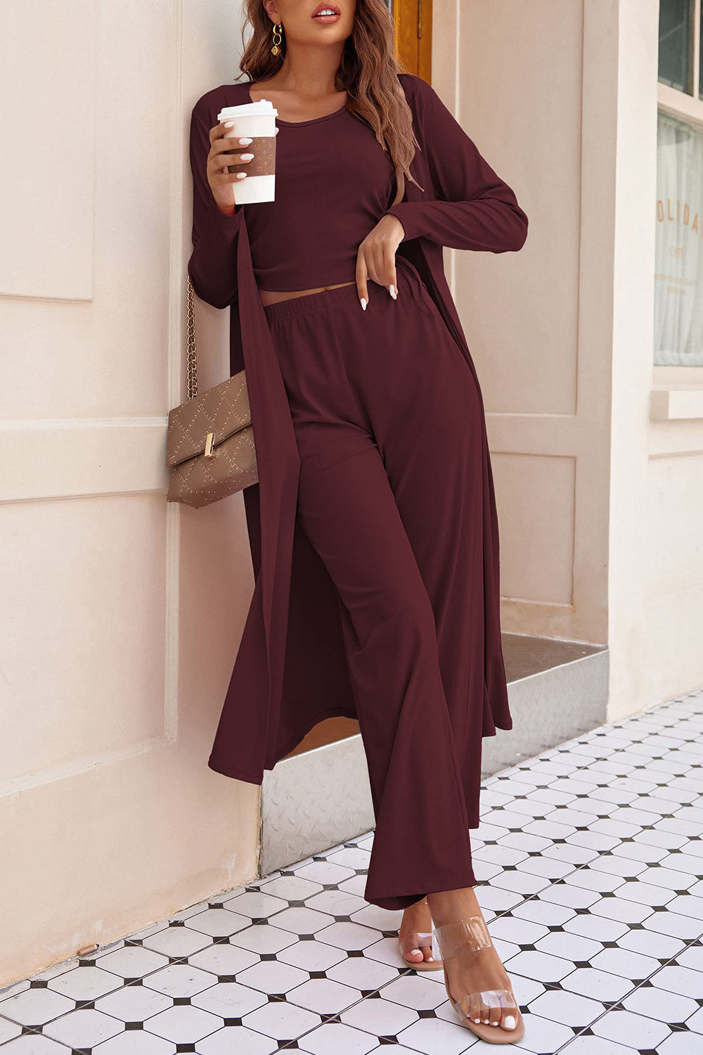 Burgundy ribbed knit duster, crop top, and wide-leg lounge pants set.