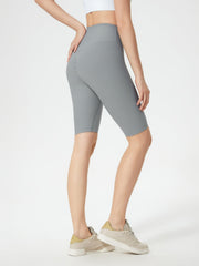 Gray ribbed contour cycling shorts with ruched detail on the back.