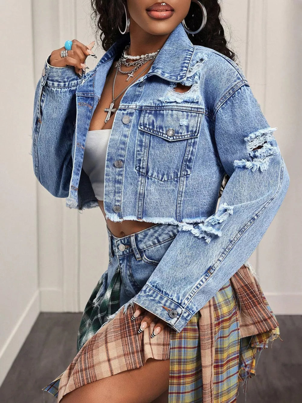 Distressed Cropped Denim Jacket, back view