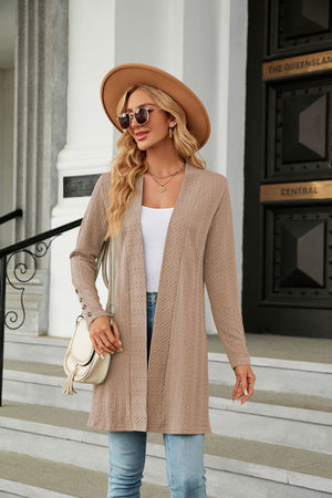 Khaki textured knit open-front duster cardigan with button detail on sleeves.