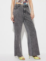 Dark gray acid wash cotton flare jeans with a high-rise fit and buttoned fly.