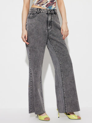 Dark gray acid wash cotton flare jeans with a high-rise fit and buttoned fly.