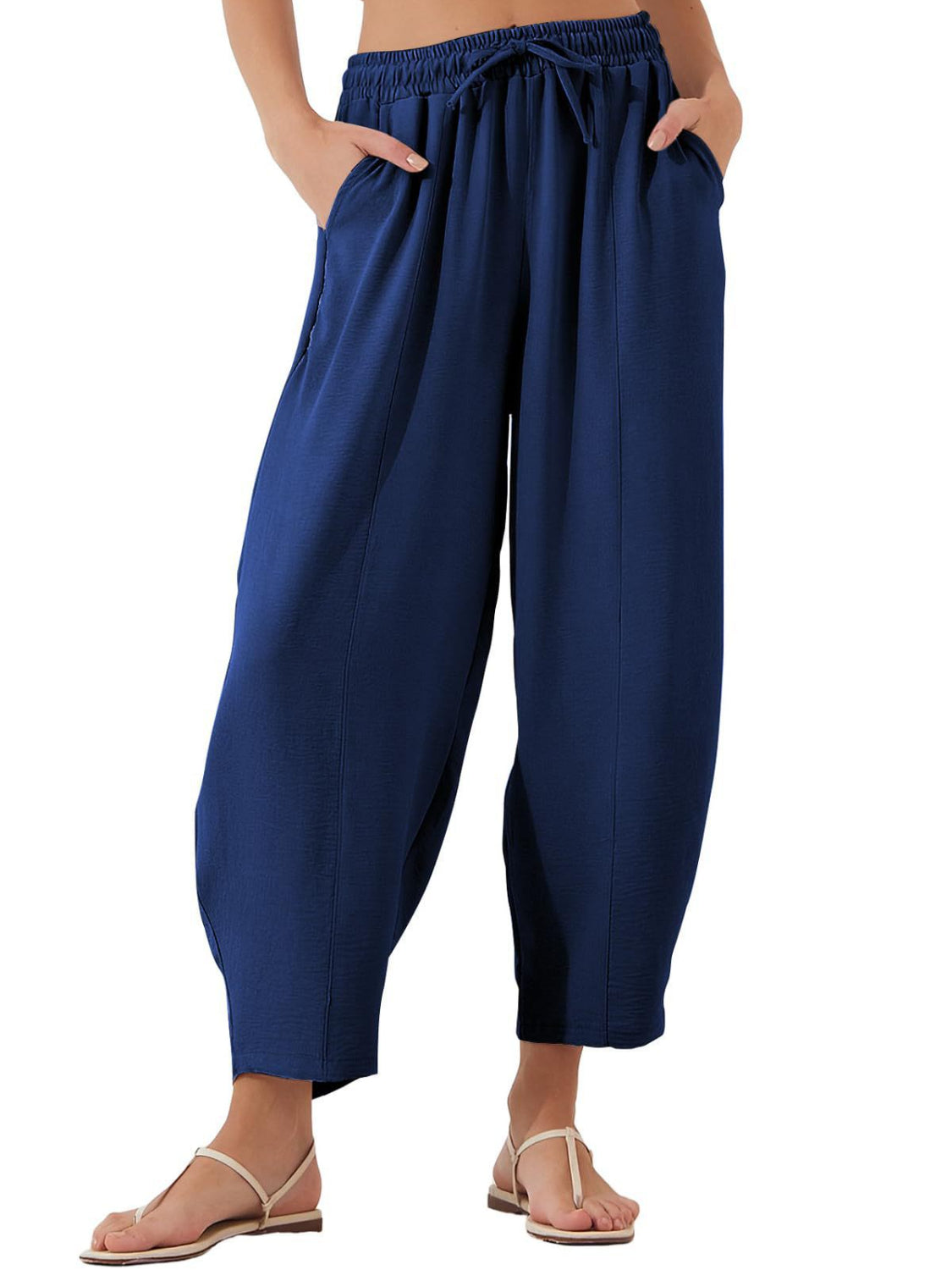 Royal blue balloon-leg drawstring trousers with seam detail and pockets