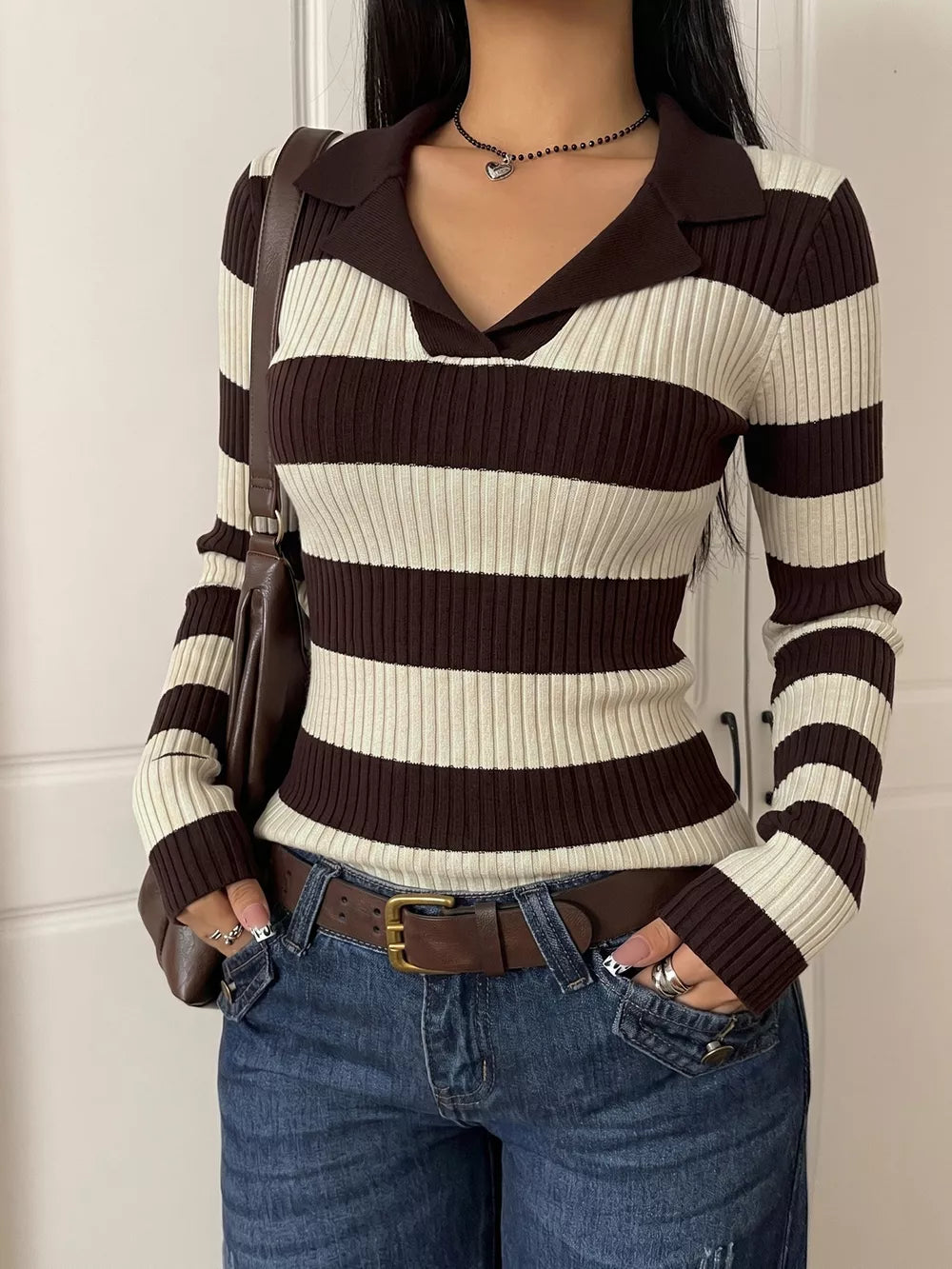 Striped Ribbed Knit Long Sleeve Sweater in Coffee Brown, model styling view