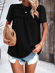 Black dotted swiss smocked bodice flutter sleeve top with lace trim detail