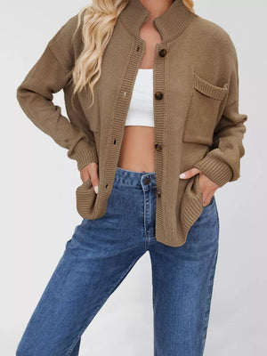 Brown knit button-down cardigan with pockets and ribbed details.