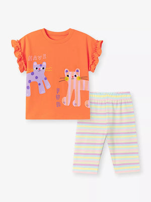 Orange cotton graphic tee with ruffled sleeves and striped capri pants featuring playful cats.
