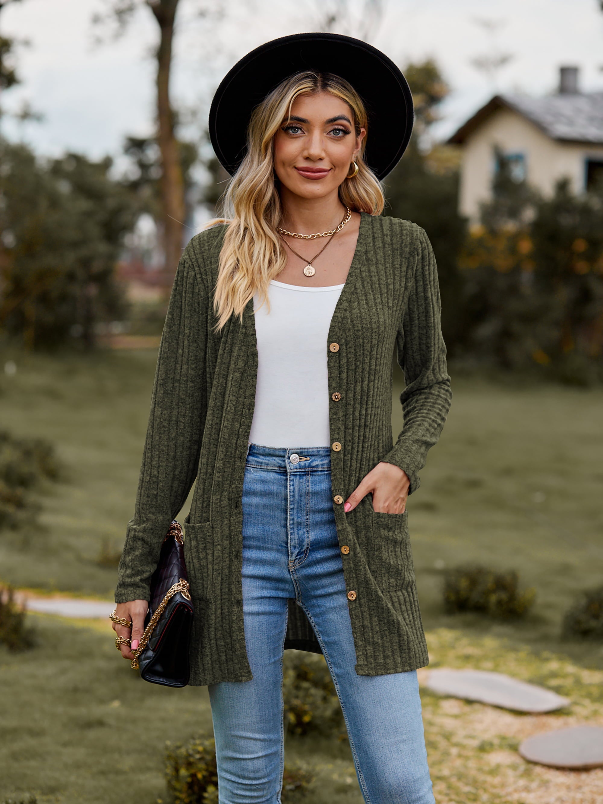 Longline ribbed knit cardigan in Army Green with button-down front and pockets.