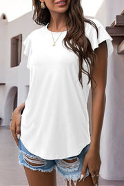 White t-shirt with ruffled cap sleeves and a curved hem.