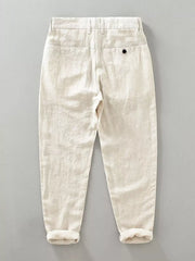Men's linen cropped sweatpants in Raw Hemp Color with cuffed hems and button back pocket.