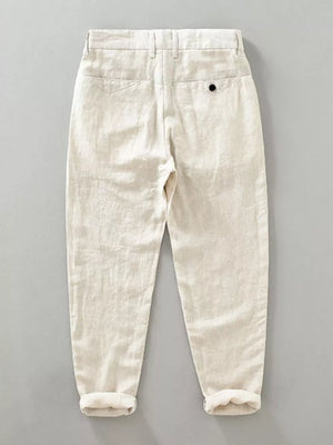 Men's linen cropped sweatpants in Raw Hemp Color with cuffed hems and button back pocket.