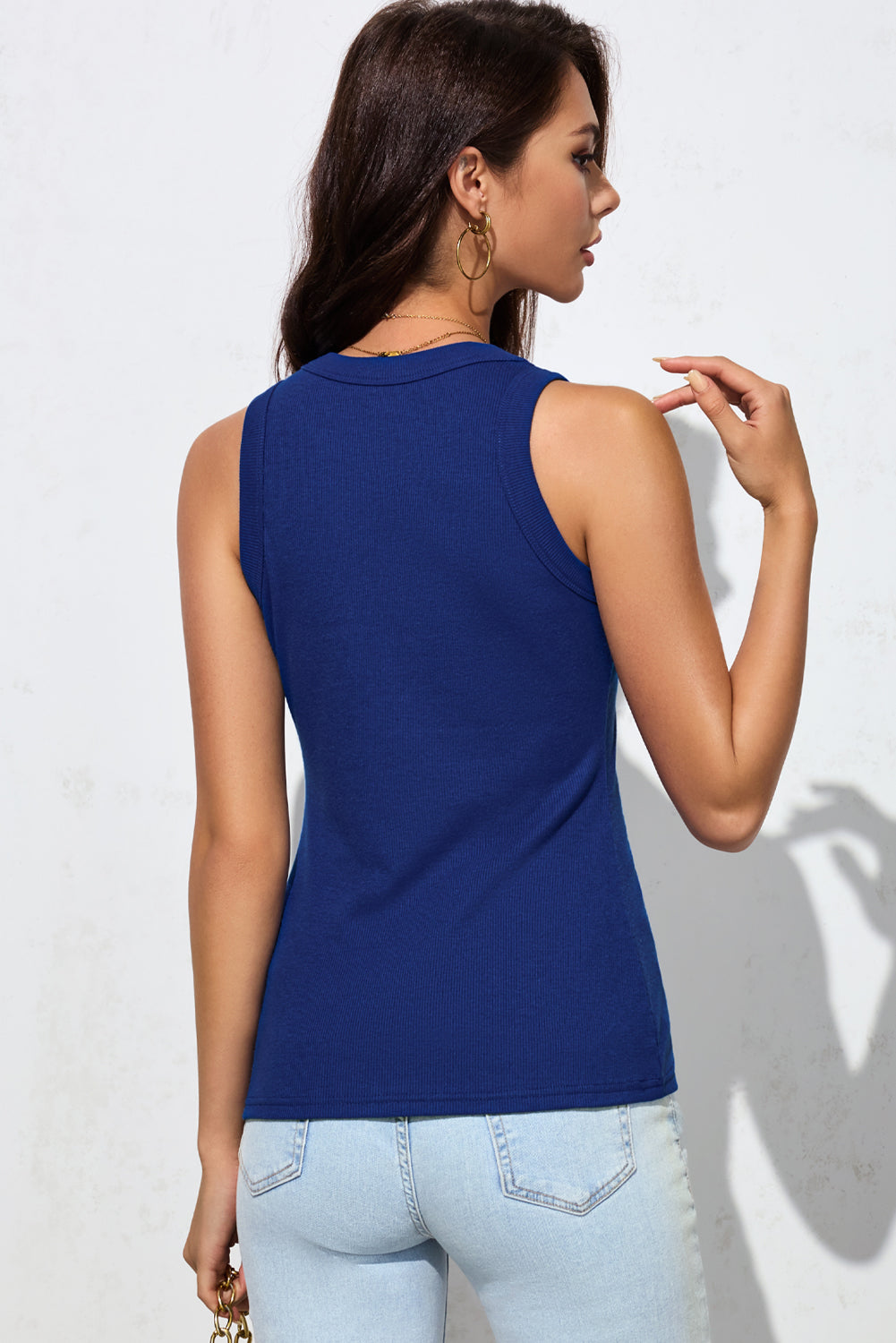Ribbed knit scoop neck tank top in Royal Blue with a casual fit.