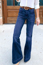 High-waisted dark wash denim bell bottom jeans with a buttoned fly.
