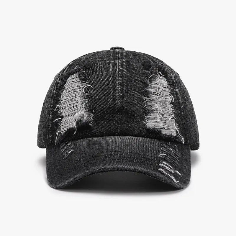 Black denim baseball cap with shredded details and distressed accents.
