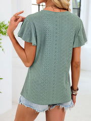 Dark green eyelet flutter sleeve t-shirt with a V-neck.