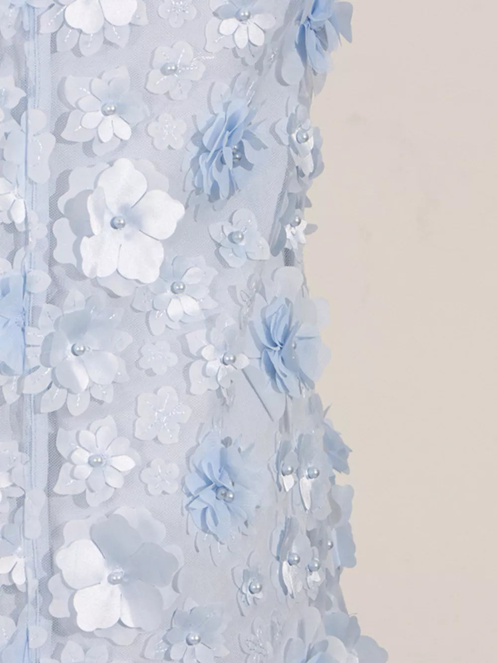 Blue mini dress with 3D floral appliques and pearl accents.