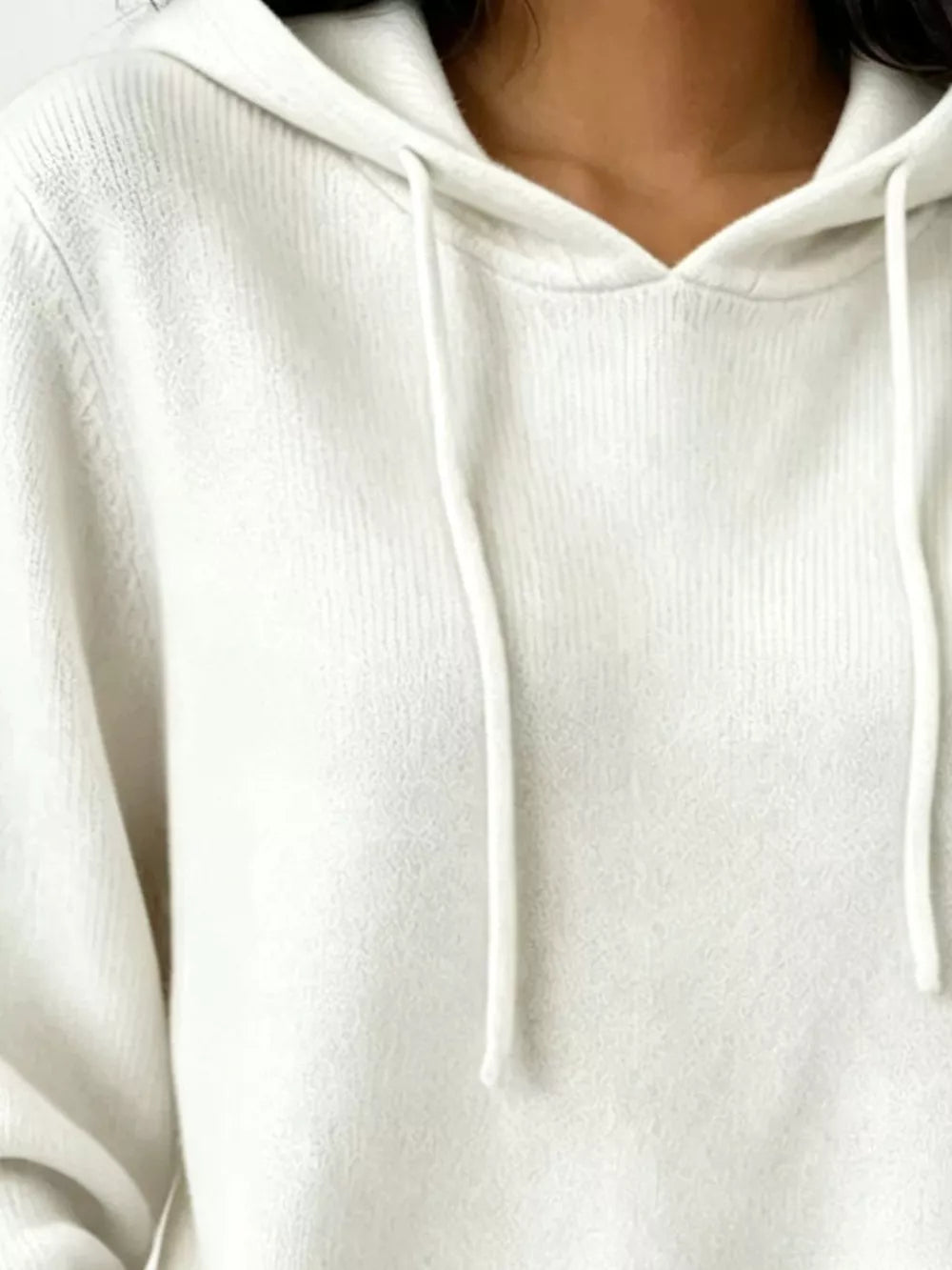 Cozy Ribbed Long-sleeve Hooded Sweater in White, side view
