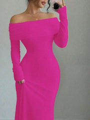 Pink off-shoulder maxi dress with long sleeves and draped neckline.