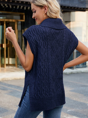 Dark Blue cable knit turtleneck vest with side slits and acrylic material.