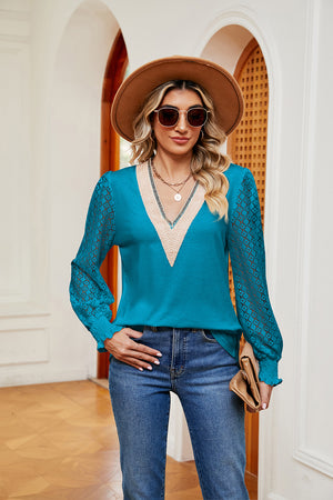 Azure lace sleeve knit v-neck blouse with textured trim and ruched cuffs
