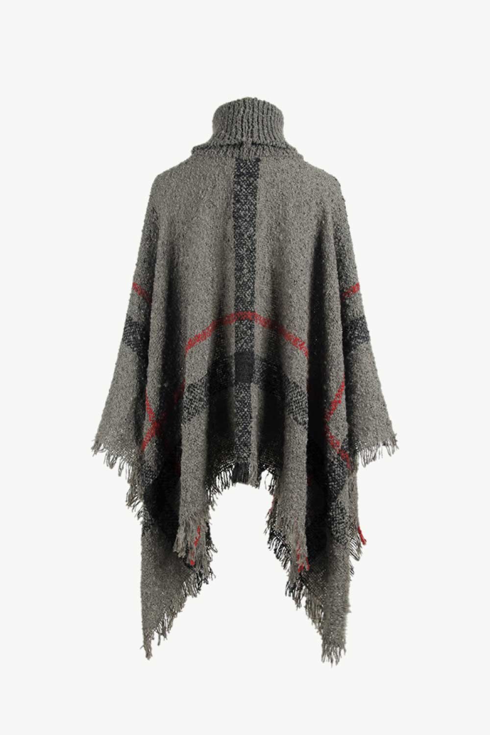Textured plaid turtleneck cape in charcoal with fringe detail and acrylic blend.
